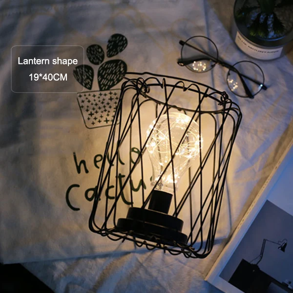 Настольная лампа в скандинавском ретро стиле, черная железная лампа, минималистичный ночной Светильник из медной проволоки, креативная 3D винтажная кованая железная лампа с питанием от батареи - Цвет абажура: lantern shape