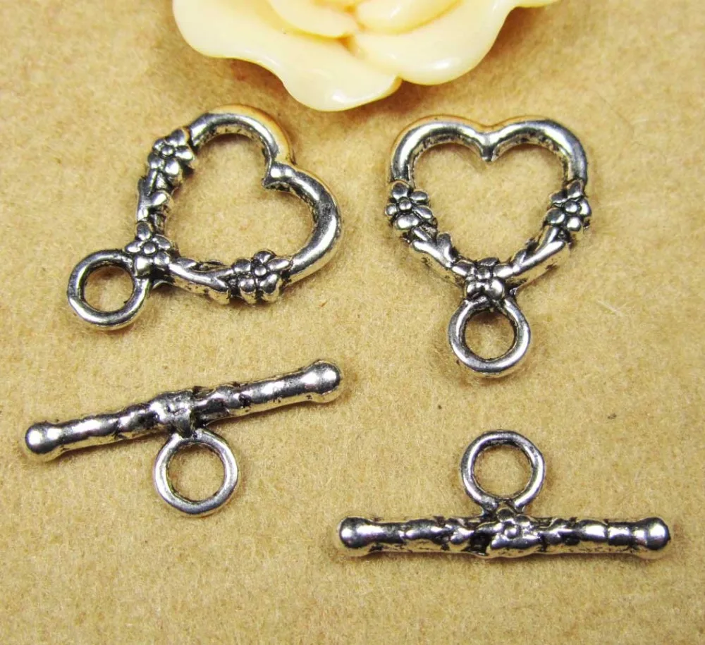 6 Sets 14x19mm Antique Silver Metal Heart Shape Toggle Clasps Hooks Findings For Jewelry Making