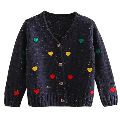 Mudkingdom/осенние свитера для девочек, Детский кардиган с v-образным вырезом и сердечками, верхняя одежда для девочек, вязаные весенние свитера - Цвет: Navy Blue