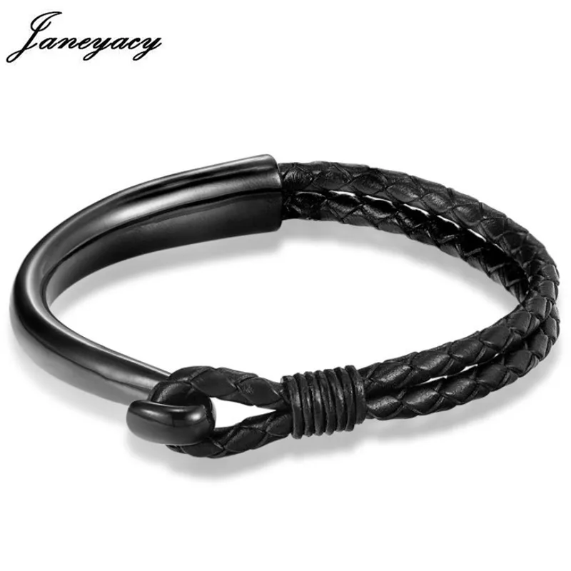 

Janeyacy Mens Bracelets Stainless Steel Leather Bracelets & Bangles 20.50mm Double layer Men Jewelry 2018 New Gift for Him