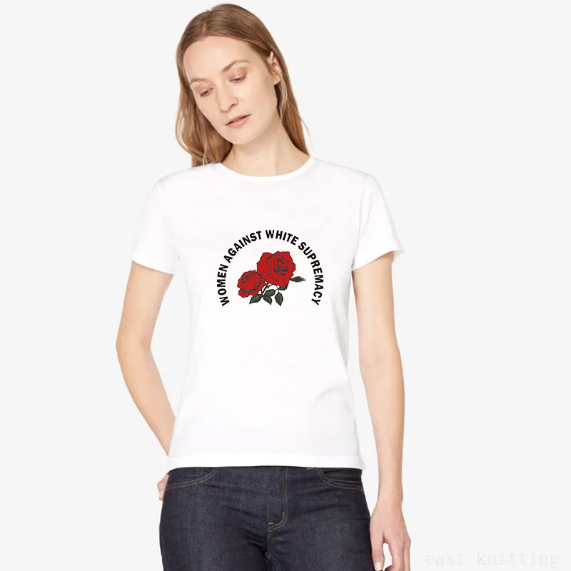 WT0234 Women Summer Fashion Red Rose Print Tops Feminist O neck Casual