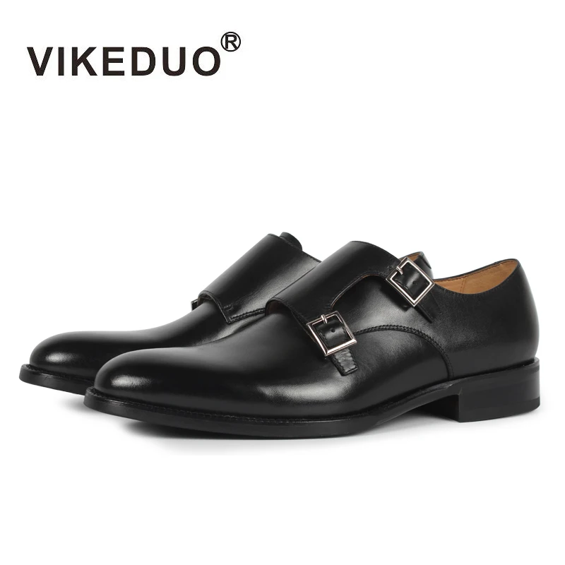 

VIKEDUO Luxury Brand Vintage Handmade Mens Italy Design Monk Shoes Mens Black Footwear 100% Genuine Leather Double Buckle Shoes