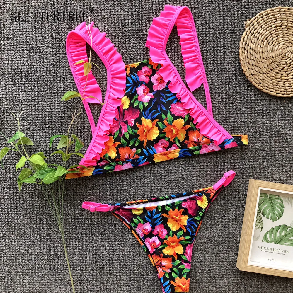 

2019 New Flower Bikinis Set Combinatorial Set Sexy Women Swimwear Push Up Padded Neon Bandage Swimsuits Hot Selling Bathing Suit