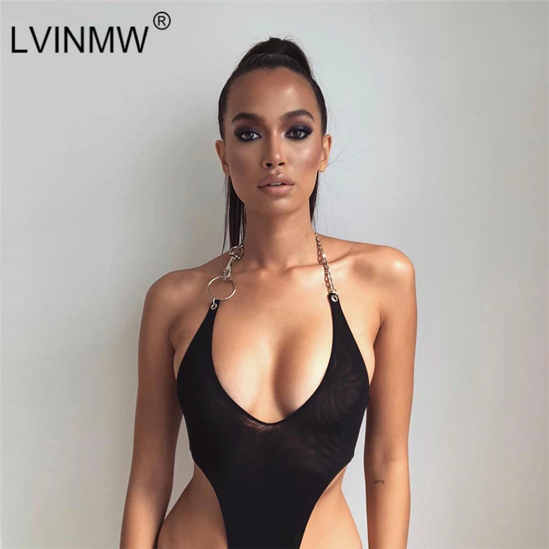 LVINMW Sexy Mesh See Through Metal Chain Strap Bodysuits 2019 Summer Women Black Backless Deep V Neck Party Club Body Suits LVINMW Sexy Mesh See Through Metal Chain Strap Bodysuits 2019 Summer Women Black Backless Deep V Neck Party Club Body Suits