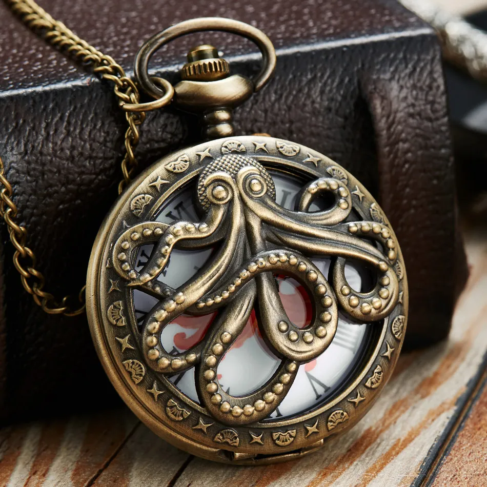 2019 античная бронза Осьминог полые кварцевые карманные часы цепочки и ожерелья кулон FOB цепи винтажные часы унисекс подарки Relogio де Bolso