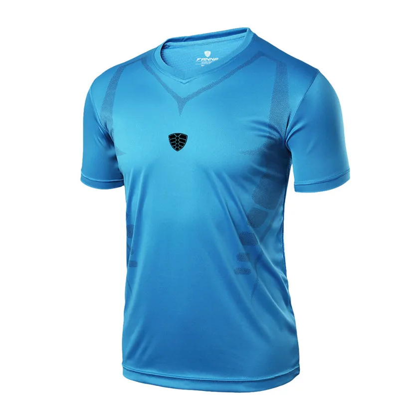 Спортивные футболки для бега, быстросохнущие мужские футболки с принтом, для тренировок, фитнеса, спорта, бега, йоги, спортивный топ, дышащие 0907 - Цвет: Синий