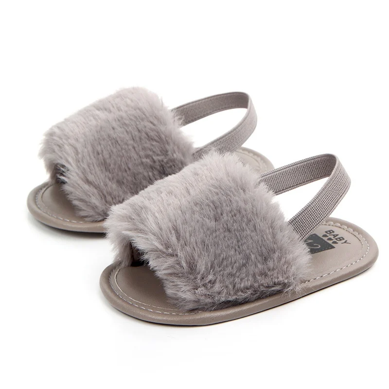 New Summer Soft Hair Style Classic Baby Girl Slipper Sandals Breathable Baby Fur Shoes Simple Elastic Sandals Princess Baby - Цвет: H