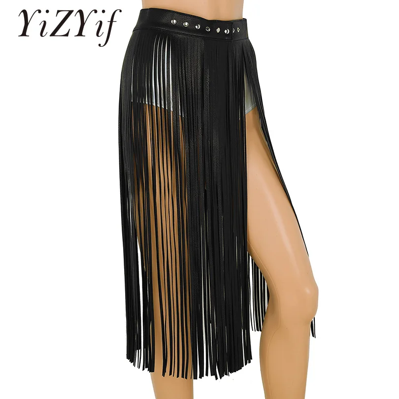 

YiZYiF Women Sexy Tassel Skirts Goth Hippie Boho Waistband Long Fringe Black Leather Skirt High Waist Skirt Holographic Skirt