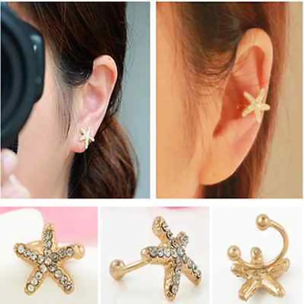 

Women Personality Crystal Starfish Charm Ear Clip Cuff Earring Stud Jewelry