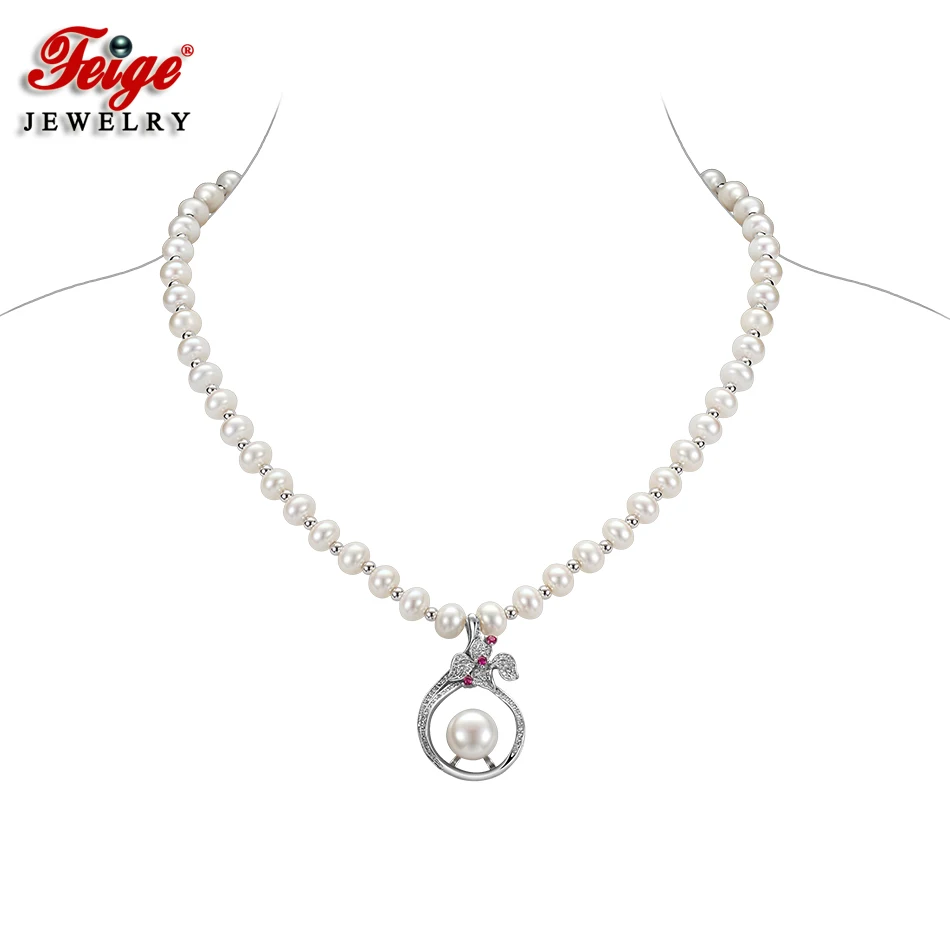 

FEIGE New Design Luxury Pearl Necklace Freshwater Pearl Jewelry 925 Sterling Silver Inlay Cubic Zirconia Pendants for Women Gift