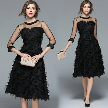 

new tassel feathers black gauze dress princess dresses bitter fair maiden o neck sexy party european fashion brand design S-XL