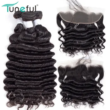 

Peruvian Loose Deep Wave Bundles with Frontal Tuneful 100% Remy Human Hair Weave Pre Plucked Lace Frontal Closure with Bundles