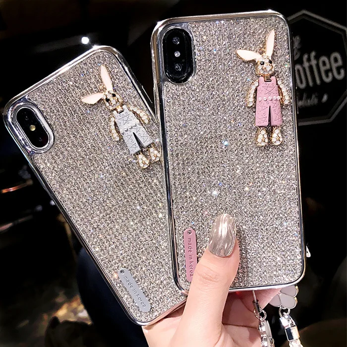 

fashion diamond tpu rabbit cellphone case cover with wrist chain for iphone 6 6s 7 8 x xs xr max
