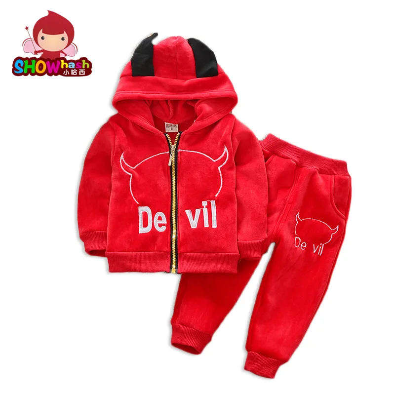 SHOWHASH Spring Autumn Boy Clothes Solid Trousers Set Cotton Cartoon Devil Plus Velvet Thick Hooded Long Sleeved Coat XA1487 |
