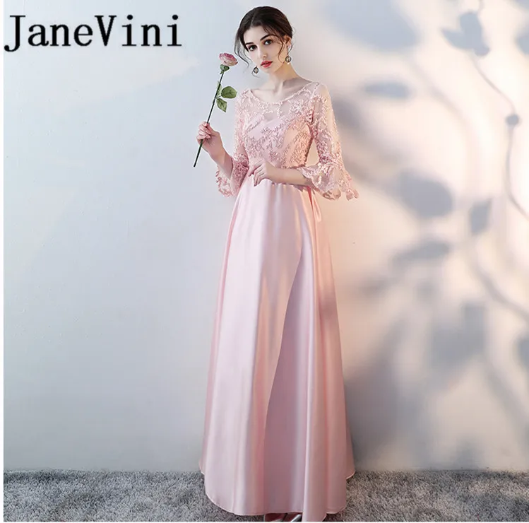 JaneVini Для женщин розовый элегантные длинные платья невесты Sheer Совок шеи спинки Кружева Половина рукава платья для выпускного вечера для