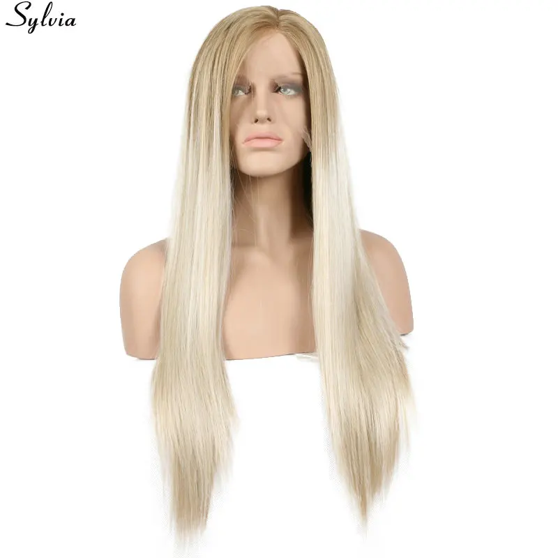 

Sylvia Heat Resistant Fiber Two Tones Blonde Ombre 18-26" Soft Long Silk Straight Synthetic Glueless Lace Front Wig with 3 Combs