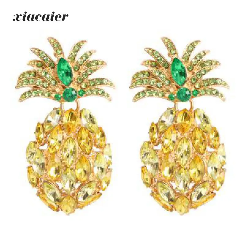 

Xiacaier Pineapple Rhinestone Drop Earrings For Women Girls Fruit Dangle Earrings Fashion Party Jewelry Gift Brincos Gold Color