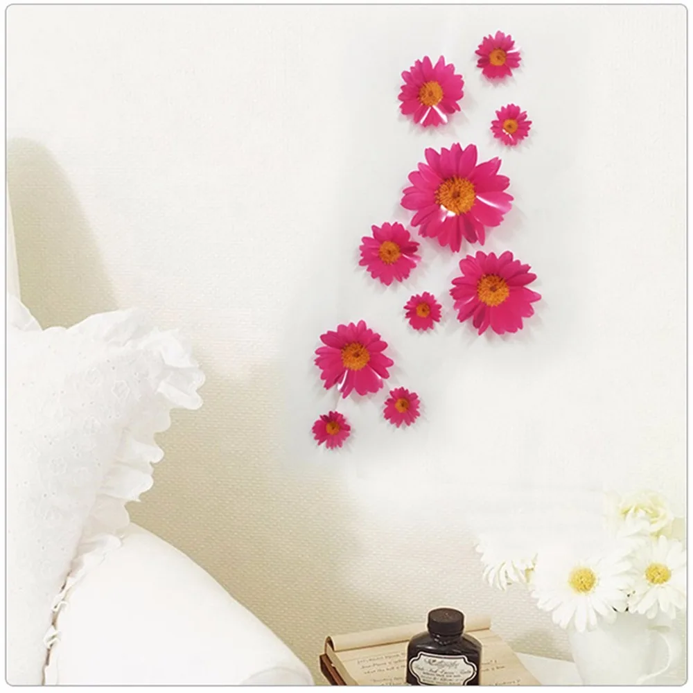 10PCS 3D Daisy Flower Wall Stickers PVC Floral Window Wall Decals Mural