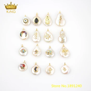 

10pcs Freeform Drop Pearl Charms Fashion Pendant,Freshwater Pearl Paved Cubic Zircon Beads Gold CZ Crafts Necklace Jewelry FX01