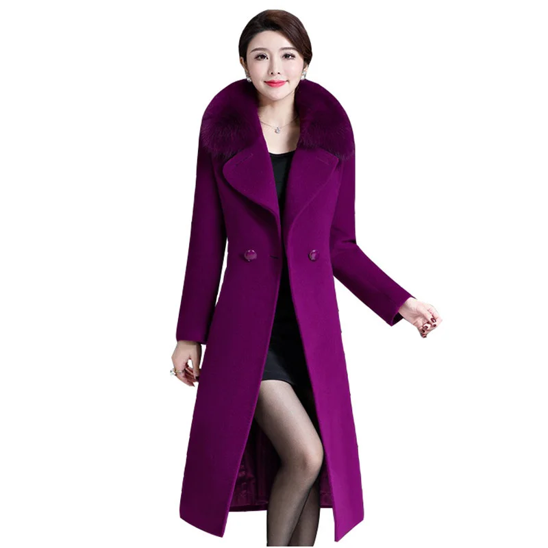

Plus size 4XL Middle aged Womens Woolen Coat Winter 2018 New Imitation Fox Fur Collar Wool Overcoat Long Slim Woolen Jacket