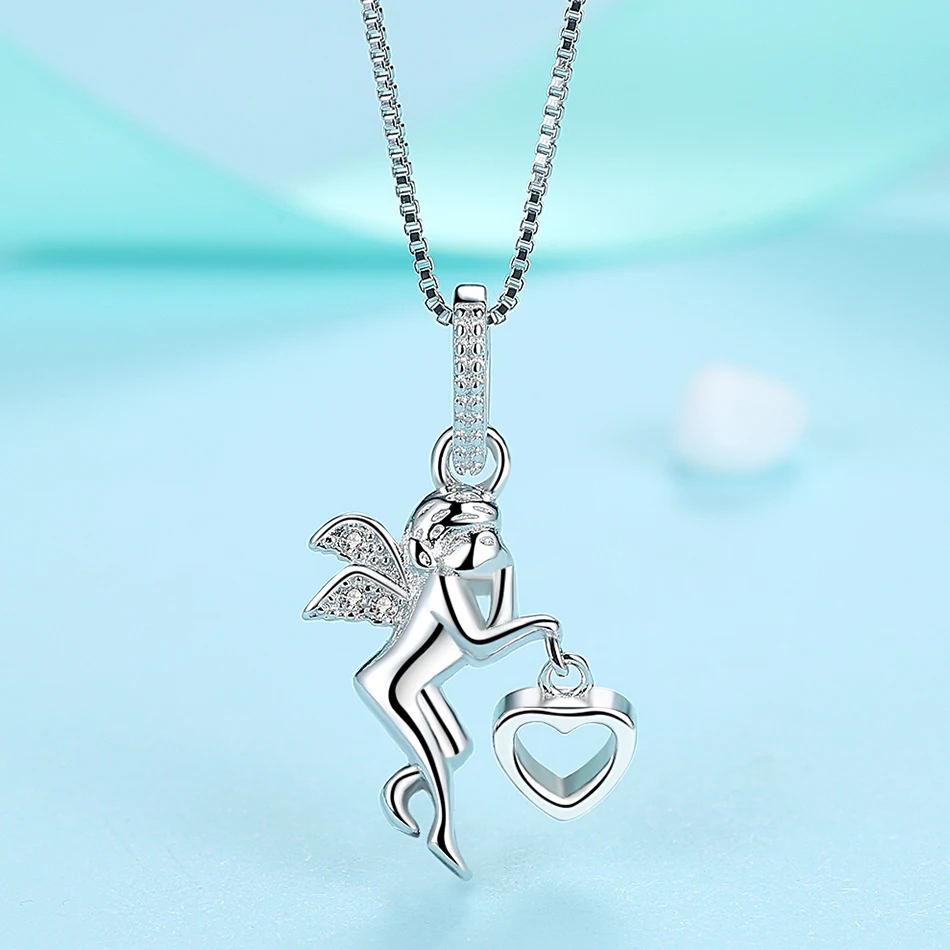 ELESHE Luxury Real 925 Sterling Silver Angel Wing With Love Heart Crystal Pendant Necklace for Women Girl Valentine's Day Gift