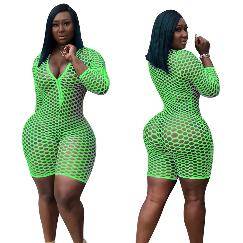 Adogirl Hollow Out Fishnet Jumpsuit Women Sexy Zipper V Neck 3/4 Sleeve Summer Shorts Romper Beach Playsuit Night Club Bodysuits
