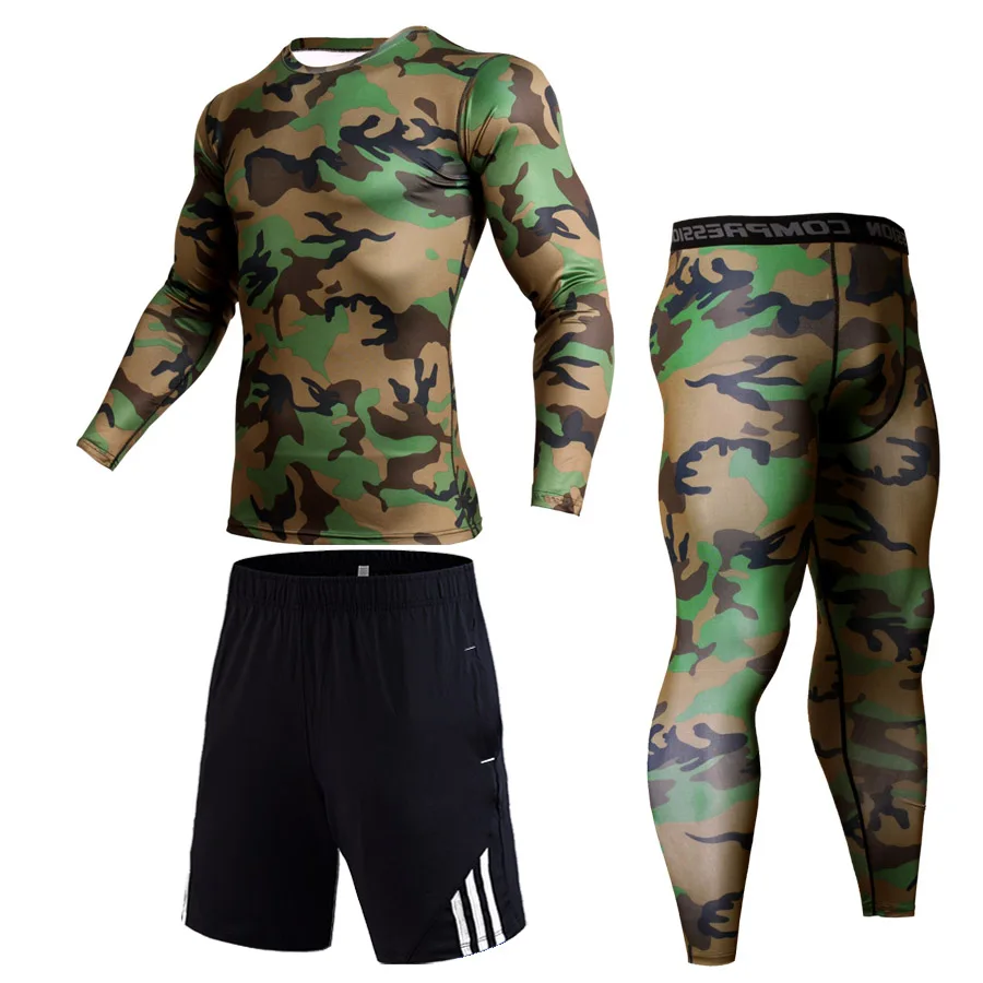 Compression Clothing Running Suit Camouflage Suit Fieece Leggings Men's Sports Suit Warm Men's Tracksuit Thermal underwear 4XL - Цвет: Green camouflage