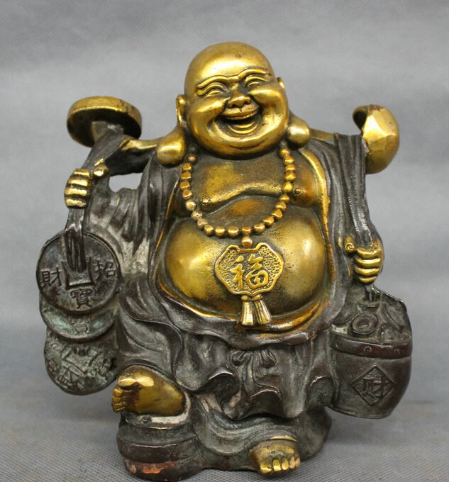 

song voge gem S5187 Chinese Bronze Copper Gilt RuYi Coin YuanBao Happy Laugh Maitreya Buddha Statue