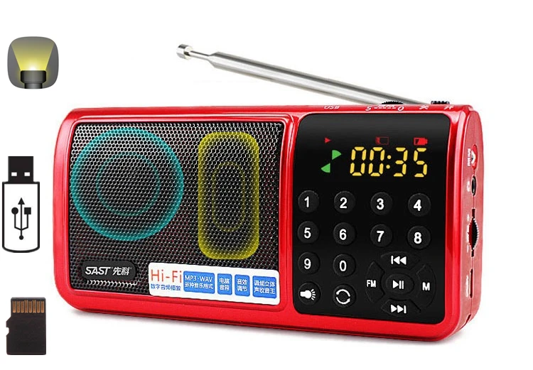 Карманное радио FM радио мини портативный Перезаряжаемый радио приемник динамик со вспышкой светильник Поддержка USB TF карта Музыка MP3 плеер