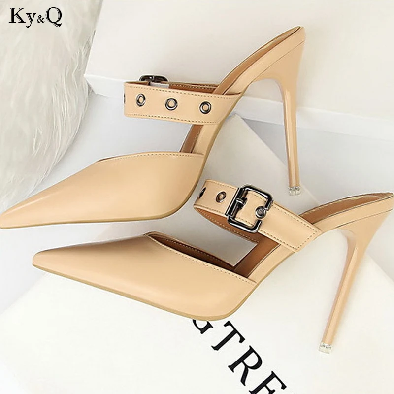 

Summer New 2019 European And American Ladies Hollow Pointed Baotou Shallow Casual Mouth Buckle With High-heeled Slippers 8-10cm