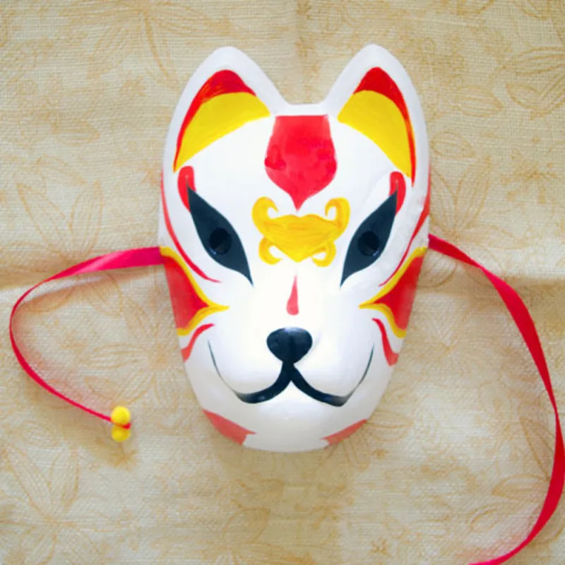 

Full Face Hand-Painted Japanese Fox Mask Red Yellow Pattern Cosplay Masquerade For Party Carnival Halloween
