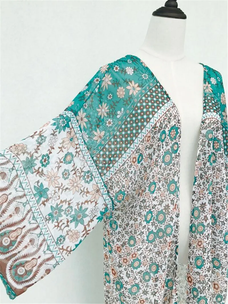 Модное цветочное шифоновое кимоно женский кардиган элегантный Свободный цветочный принт Бохо блузка рубашка летнее пляжное Кимоно размера плюс N23