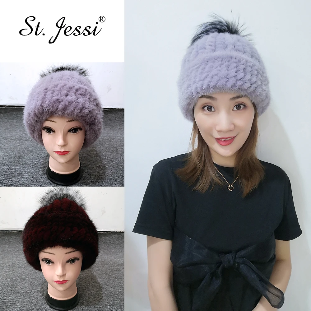 

ST.Jessi Women's Real Fur Hat Natural Luxury Knitted Mink Fur Thick Beanies Cap With Big Real Silver Fox Ball winter warm
