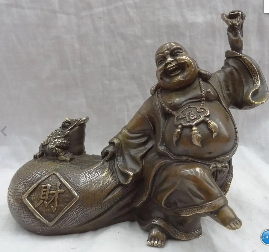 

zhaorui48843273+ +8" Chinese Bronze Coin Hoptoad On Fu Bag Happy Laughing Maitreya Buddha Statue