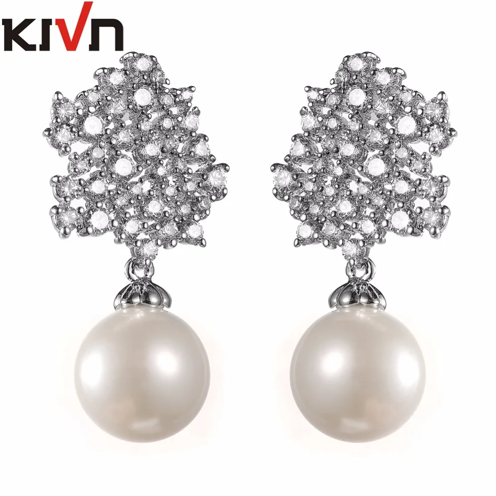 

KIVN Fashion Jewelry Luxury Drop Dangle Pave CZ Cubic Zirconia Wedding Bridal Simulated Pearl Earrings for Women