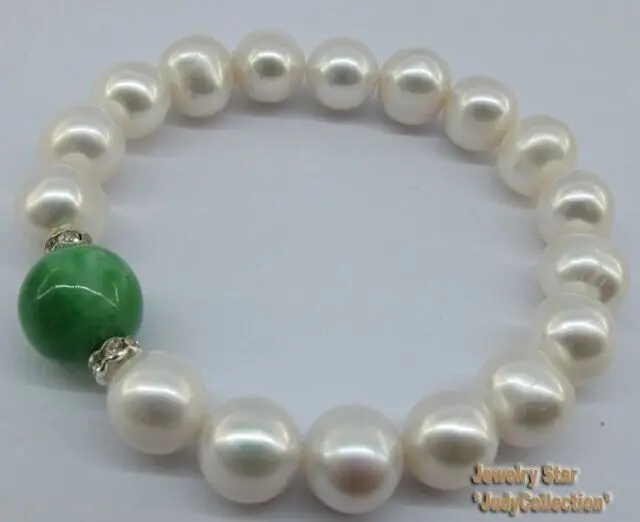 

10-11 natural south seas white pearl green jade bracelet 7.5-8inch