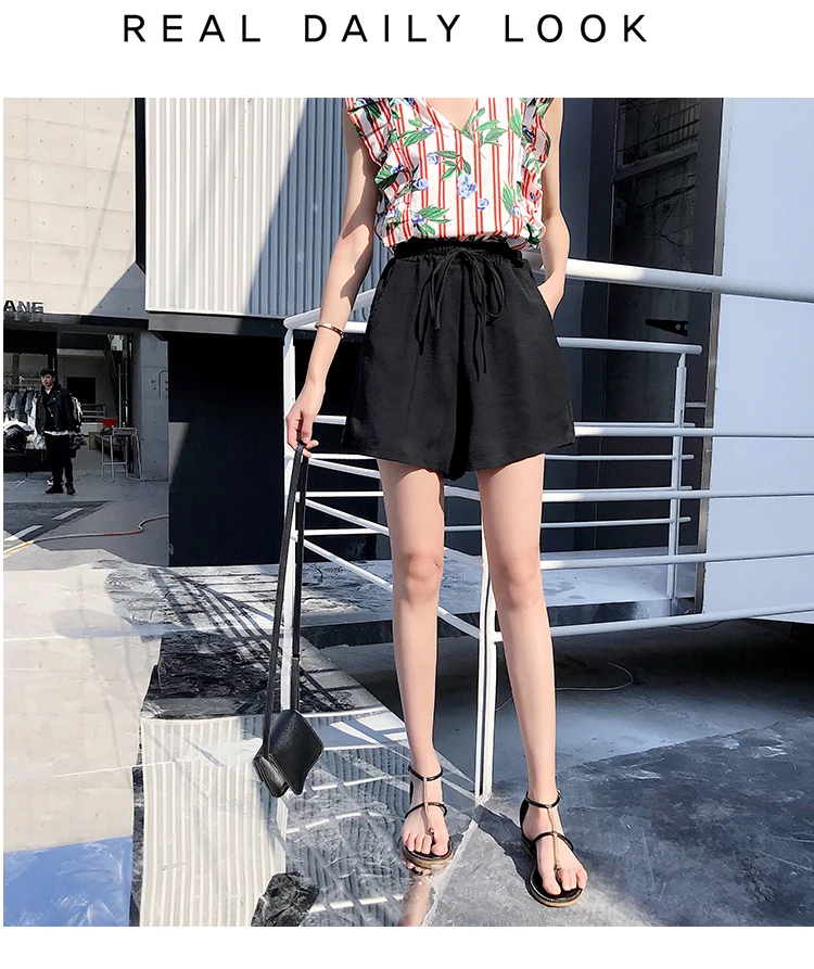 2018 новые летние однотонные черные шорты женские Высокая талия женские шорты широкие брюки короткие свободные брюки Повседневное дамы