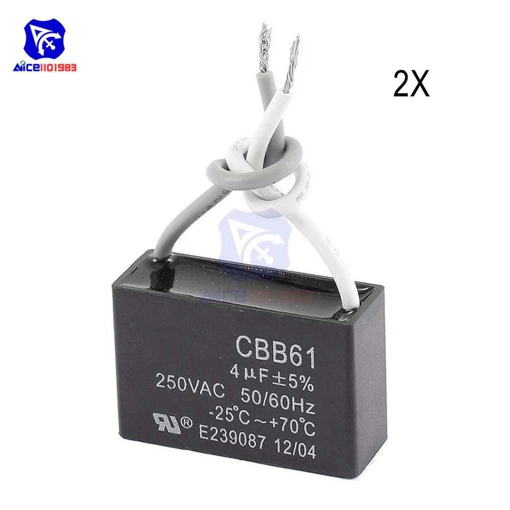 2 шт./лот CBB61 4μф 50/60Hz 250VAC конденсатор для потолочного вентилятора с 2 провода видео-телефон двери конденсатор из полипропиленовой пленки