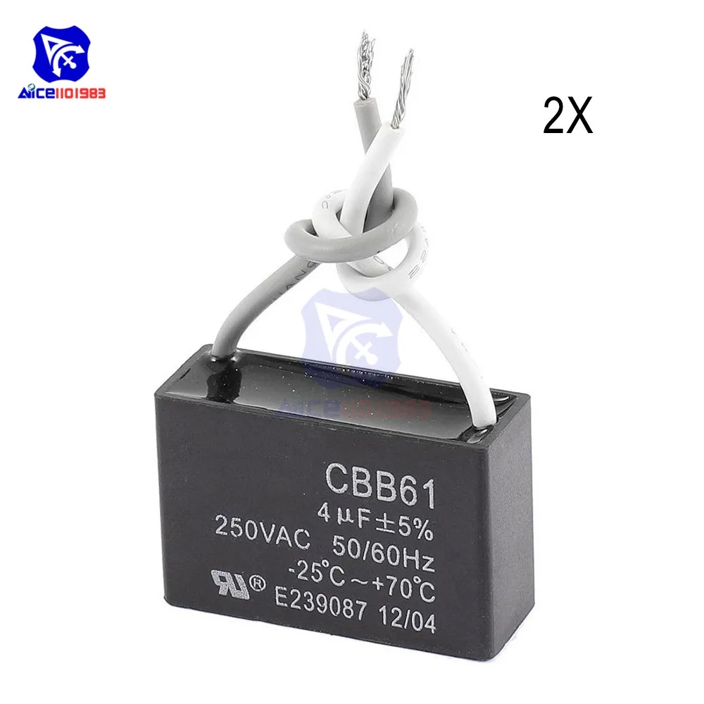 

2PCS/Lot CBB61 4μf 50/60Hz 250VAC Ceiling Fan Capacitor with 2 Wire Polypropylene Film Capacitor