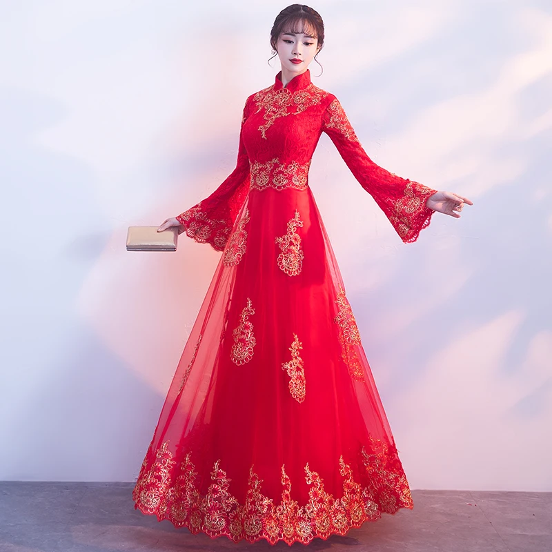Азиатские невесты Весна Свадебное платье Китайская традиционная вышивка Чонсам с цветами кружева элегантное Сетчатое платье Размер xs-xxxl