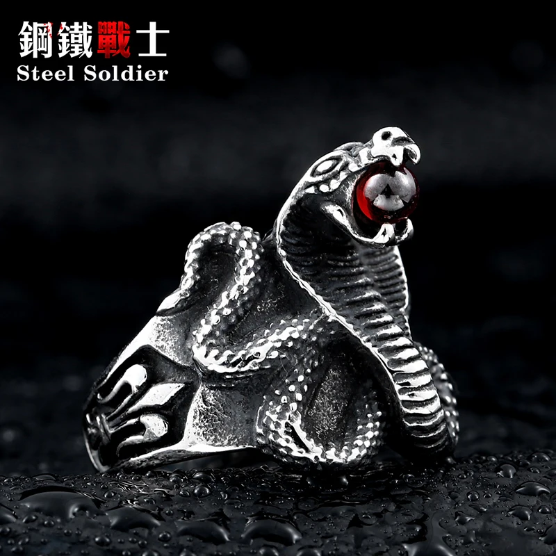 

steel soldier Factory Price Cobra stainless steel Man ring Punk Heavy Metal ring Snake Jewelry
