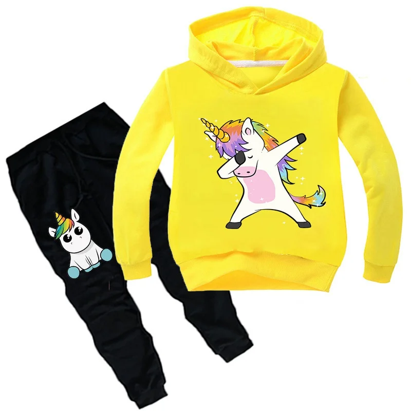 Весенне-осенний комплект одежды для активного отдыха для мальчиков и девочек; пуловер с принтом единорога; толстовки с капюшоном; топы; толстовка+ длинные штаны; детская спортивная одежда - Color: Style 3