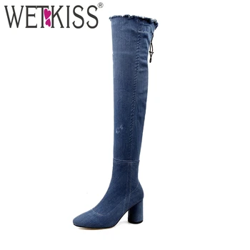 

2018 Fashion Ripped Denim Over the Knee Boots Women Zipper Thigh High Female Boot Thick High Heels Shoes Woman Big Size 32-43