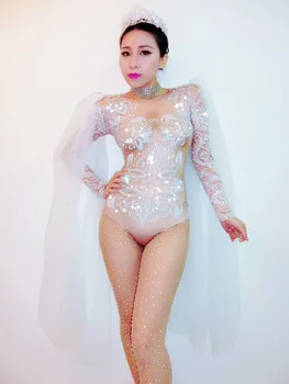 

Stretch Leotard Female Singer Dancer White Bright Crystal Sexy Bodysuit Costume Women's Nude Nightclub Outfit Party Wear DJ DS