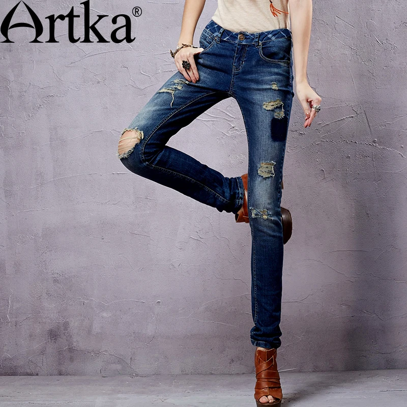 Artka Women S Ethnic Washed Denim Trousers Punk Style Vintage