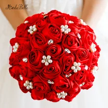 Свадебный букет из бисера со стразами и кристаллами, свадебный букет из красного атласа, шелковые розы, жемчужные цветы для подружки невесты, Blumenstrauss ModaBelle