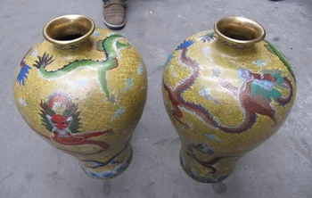 

China royal 100% Pure Bronze handwork cloisonne palace Two Dragon Pot Vase Pair