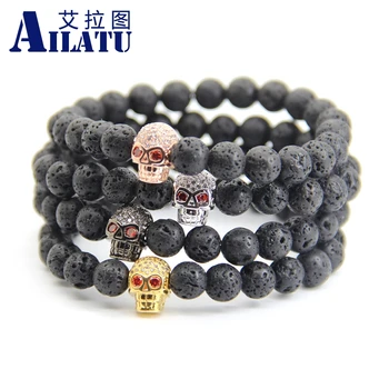 

Ailatu New Design High Grade Jewelry Wholesale 8mm Black Lava Stone Beads with Micro Pave CZ Skull Bracelet