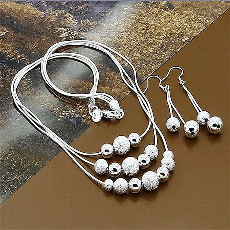 Jewelry Set 925 Sterling Silver Three Lines Beads Necklace Earrings