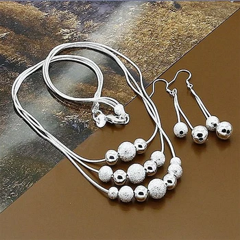 

Jewelry Set 925 Sterling Silver Three Lines Beads Necklace Earrings Sets For Women Free Shipping
